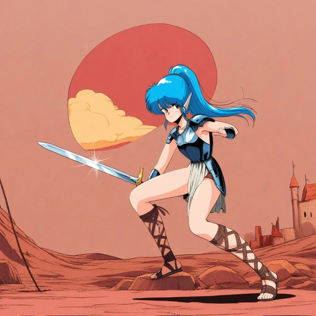 score_9_up, score_8_up, score_7_up, score_6_up, masterpiece, best quality, high quality, newest, highres, uncensored, full body, 1980s, retro artstyle, SFW, Expressiveh, oonuma_hiroshi, 1girl, solo, elf, pointy ears, long hair, ponytail, blue hair, cute face, breasts, wearing Jedglr, gladiator outfit, loincloth, leather under wear, sandals, metal armor, fantasy, ruin, castle, dynamic pose, holding sword, holding, holding weapon, weapon, sword