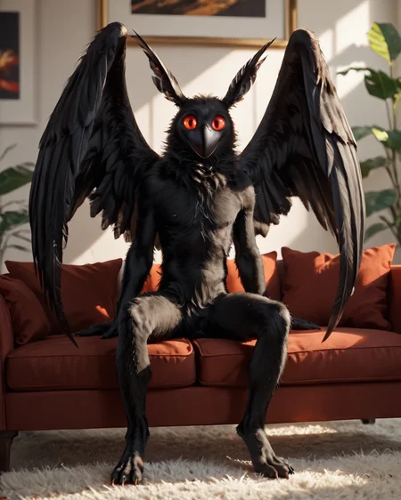 score_9, score_8_up, score_7_up, intricate details, rating_questionable,
<lora:homri52:1>
,
<lora:Mothman:0.8>, 1boy(Mothman, red eyes, black fur, wings, mouthless, looking at the viewer, solo, happy, 
full body, typical clothing, sitting on sofa) comfy living room,
4k,
detailed background, depth of field, 
<lora:ral-chrosc-clr:0.5>, ral-chrosc-clr,
<lora:Expressive_H:0.5>, Expressiveh,
<lora:xl_more_art-full_v1:0.3>,
<lora:add-detail-xl:0.3>,