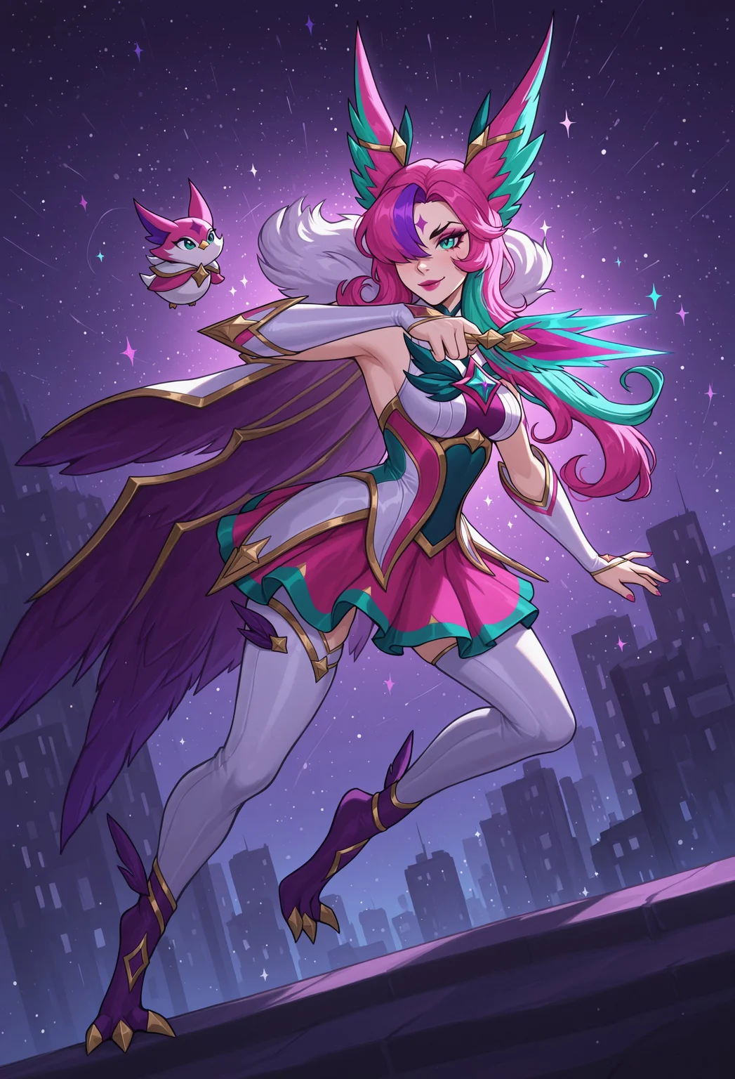 masterpiece, best quality, amazing quality, very aesthetic, absurdres, ultra-detailed, highly detailed, intricate details, newest, soft rim lighting, starry sky, night, city, BREAK
henshin pose, smile, sparkle, star guardian pet, full body, holding dagger, BREAK
LOLRSGXayah, star guardian (league of legends),
1girl, animal ears, multicolored hair, pink hair, purple hair, green hair, long hair, hair over shoulder, hair over one eye, green eyes, slit pupils, pink eyeshadow, pink lipstick, pink nail polish, bird legs, diamond facial mark, arm markings, fur trim, multicolored cape, bare shoulders, multicolored dress, feathers, chest juwel, partially fingerless gloves, white gloves, elbow gloves, white detached leggings,