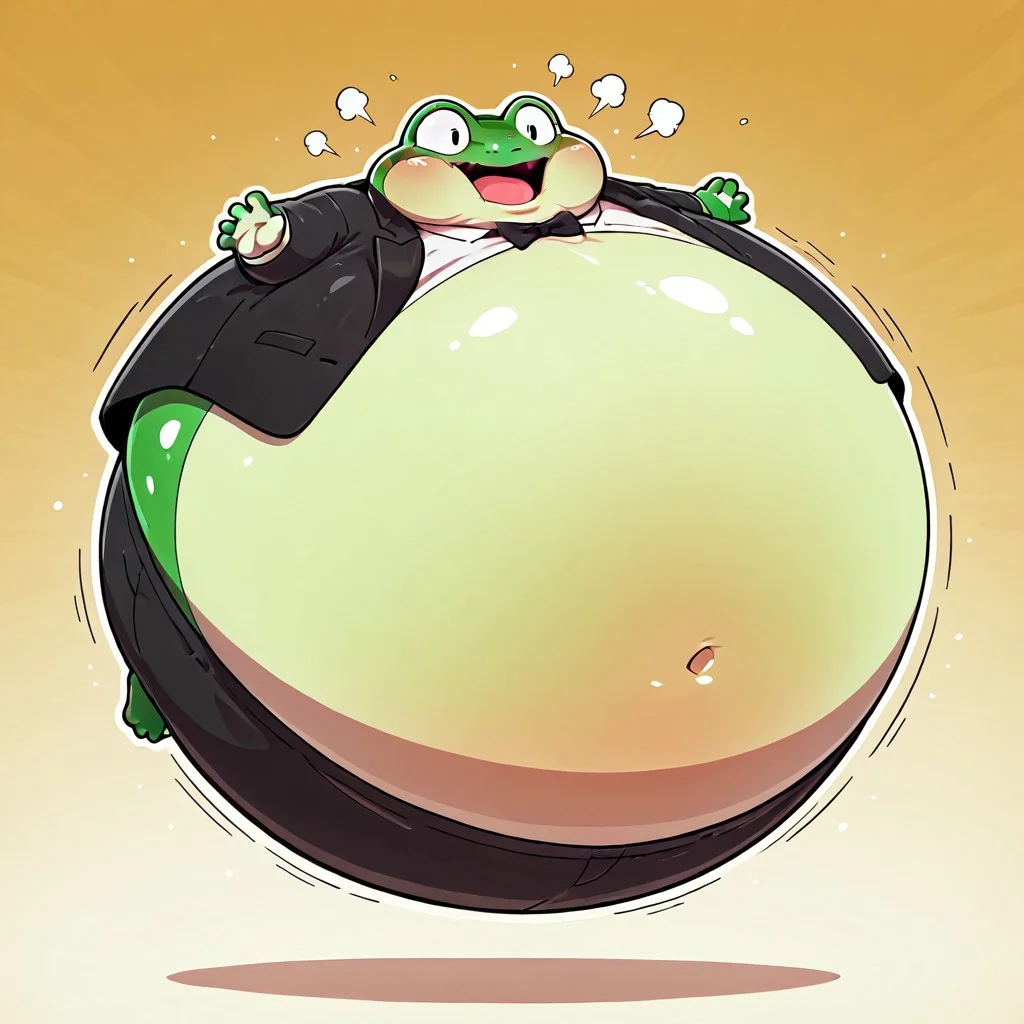 masterpiece, best_quality, high_quality, cartoon, BREAK, floating, spherical-inflation, Frog, tuxedo, shirt pants, navel, holding belly, screaming