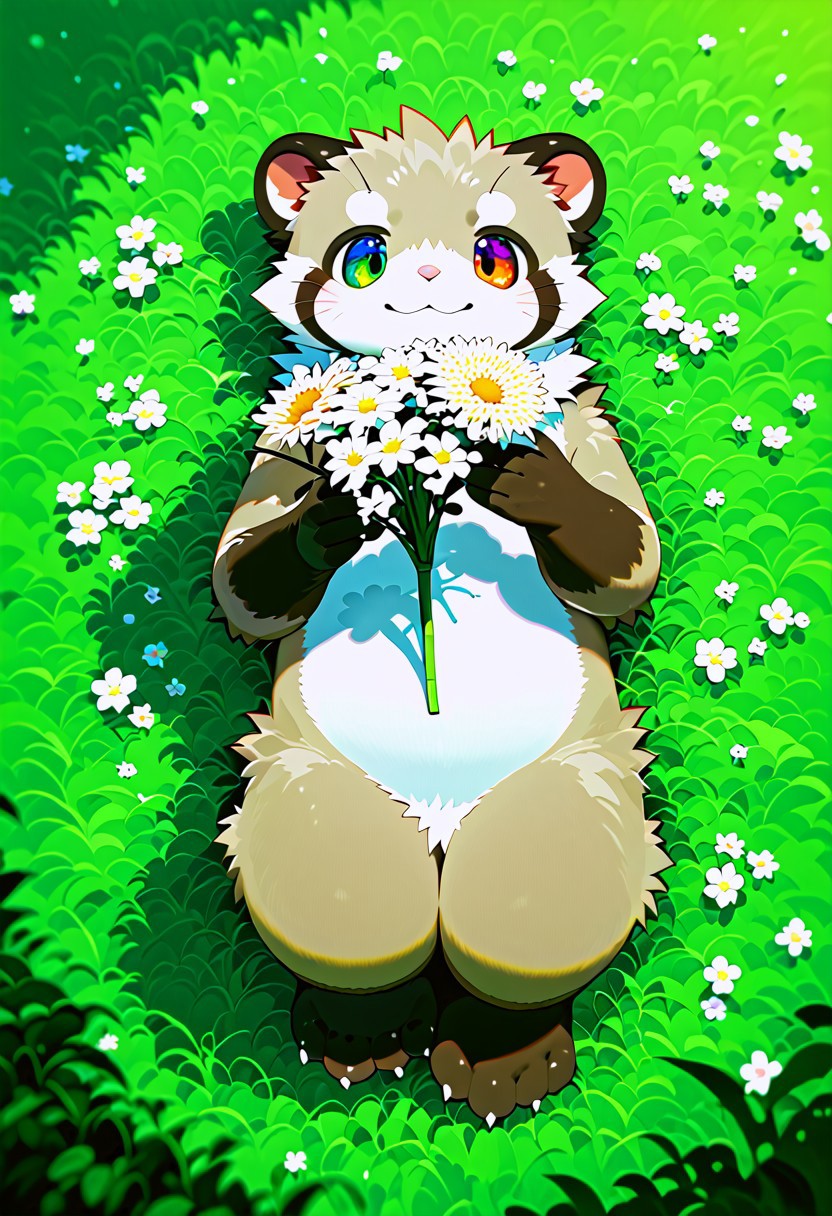 zuppu11, full body, solo, furry, score_9, score_8_up, look at viewer, male focus, raibow eyes, rainbow eyes, no humans, fractal iris, furry male, ferret lying on grass, flux-style, detailed eyes, blushing, holding flower, detailemaximizer, max details