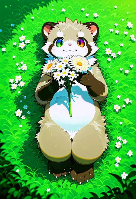 zuppu11, full body, solo, furry, score_9, score_8_up, look at viewer, male focus, raibow eyes, rainbow eyes, no humans, fractal iris, furry male, ferret lying on grass, flux-style, detailed eyes, blushing, holding flower, detailemaximizer, max details