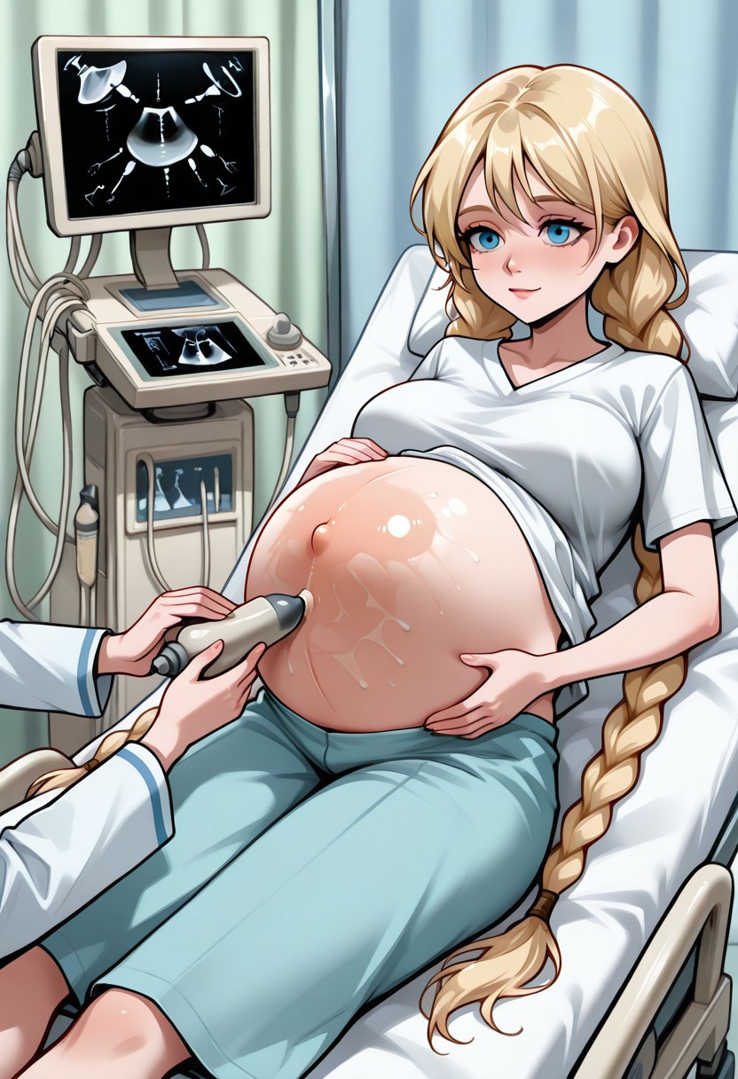 easynegative, negative_hand, slavya, large breasts, slavya, blonde hair, very long hair, long hair, twin braids, blue eyes, 
<lora:Ultrasound_V2:1> ultrasound, pregnant, caressing pregnant belly ((Pregnant belly torpedo)), ((pronounced belly)), (11 months pregnant overdue), indoors, hospital bed, shorts, white shirt, looking at monitor, shirt lift, lying, doctor, multiple hands, 
light smile, amazing background,
