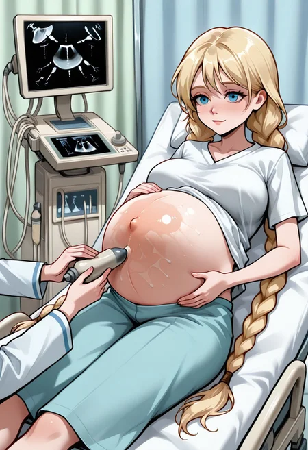 easynegative, negative_hand, slavya, large breasts, slavya, blonde hair, very long hair, long hair, twin braids, blue eyes, 
<lora:Ultrasound_V2:1> ultrasound, pregnant, caressing pregnant belly ((Pregnant belly torpedo)), ((pronounced belly)), (11 months pregnant overdue), indoors, hospital bed, shorts, white shirt, looking at monitor, shirt lift, lying, doctor, multiple hands, 
light smile, amazing background,