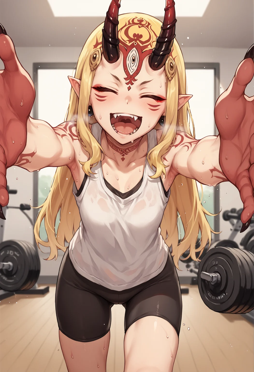 1girl, long hair, blonde hair, sidelocks, yellow eyes, pointy ears, facial mark, tattoo, forehead mark, oni, horns, sharp fingernails, tank top, bike shorts, sweat, reaching towards viewer, incoming hug, sweat, smile, open mouth, fang, closed eyes, indoors, gym <lora:Ibaraki_Douji_XL:1>, score_9, score_8_up, score_7_up, score_6_up, score_5_up, score_4_up, BREAK source_anime, masterpiece