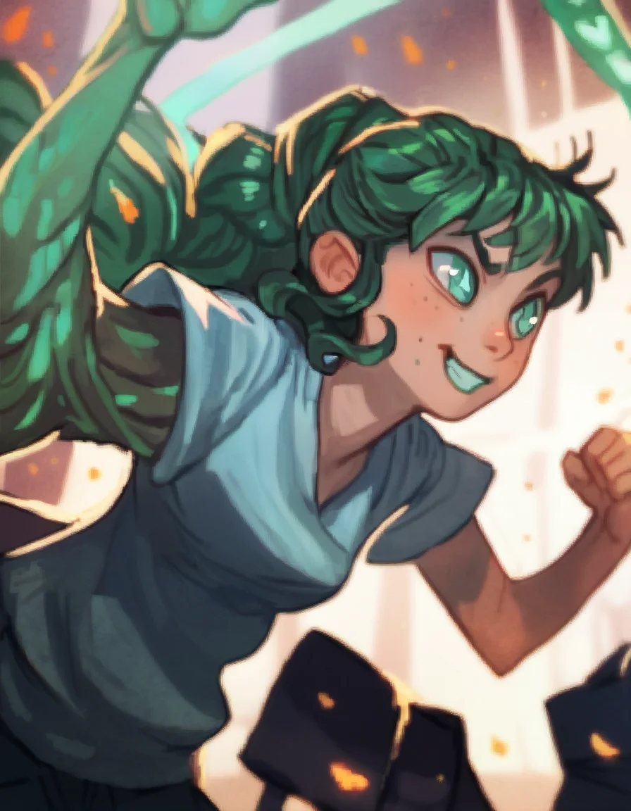 score_9, score_8_up, score_7_up, score_6_up, score_5_up, score_4_up, source_anime,  MaggieLacivi, green hair, green eyes, soft smile, dynamic pose