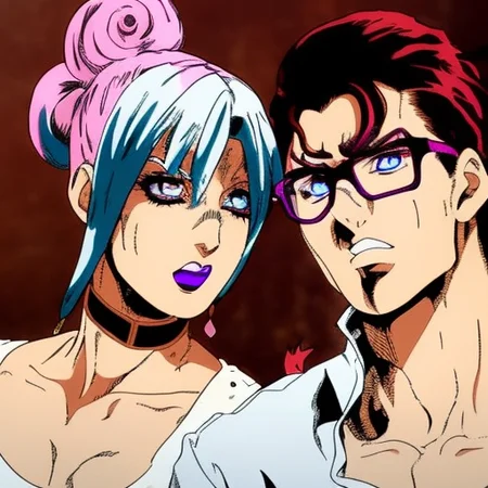 one man in glasses , one woman with red hair not wearing glasses, looking at camera, jojo bizzare adventure style