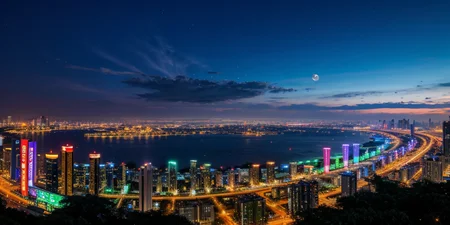 Guangzhou City,City Night View,A bustling city,Urban background,(City Night View:1.1),neon lights,moonlightfield,village,stadium,flower field,day,sun,sky,cloud,historic building