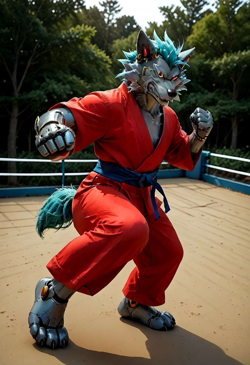 (((Barefoot furry character, full body, cinematic setting, furry male, plantigrade))) 
(((Gilliam))), wolf boy, ((red kimono and pants, training kung-fu on outdoors training ground, fighting stance, dynamic pose, perform side kick)), nice feet paws, three toes, claws, pawpad, determined look
BREAK
(((gilliam wolf, evil eye, sharp, tire body, red fluff tail, cyan hair, robot, wolf, metallic))), (((kicking, kicking at viewer, stands on one feet)))
BREAK, intricate details, highly detailed, extreme detail, octane render, fine art, best quality, highres, (detailed face:1.5), ((full_body)), UHD, (((perfect hands))), low light