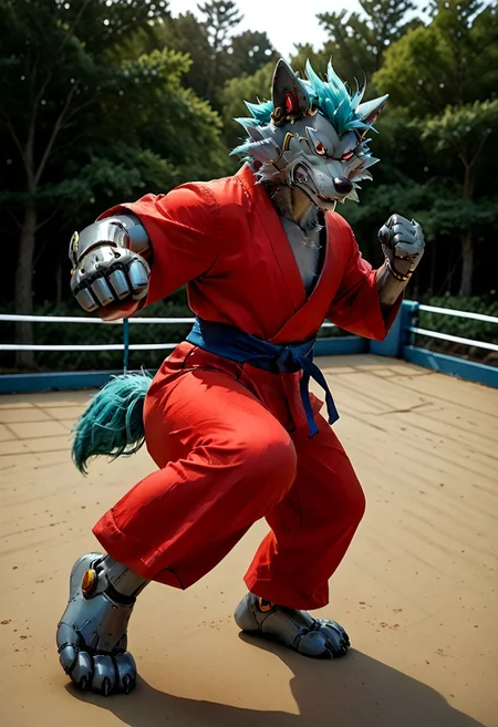 (((Barefoot furry character, full body, cinematic setting, furry male, plantigrade))) 
(((Gilliam))), wolf boy, ((red kimono and pants, training kung-fu on outdoors training ground, fighting stance, dynamic pose, perform side kick)), nice feet paws, three toes, claws, pawpad, determined look
BREAK
(((gilliam wolf, evil eye, sharp, tire body, red fluff tail, cyan hair, robot, wolf, metallic))), (((kicking, kicking at viewer, stands on one feet)))
BREAK, intricate details, highly detailed, extreme detail, octane render, fine art, best quality, highres, (detailed face:1.5), ((full_body)), UHD, (((perfect hands))), low light