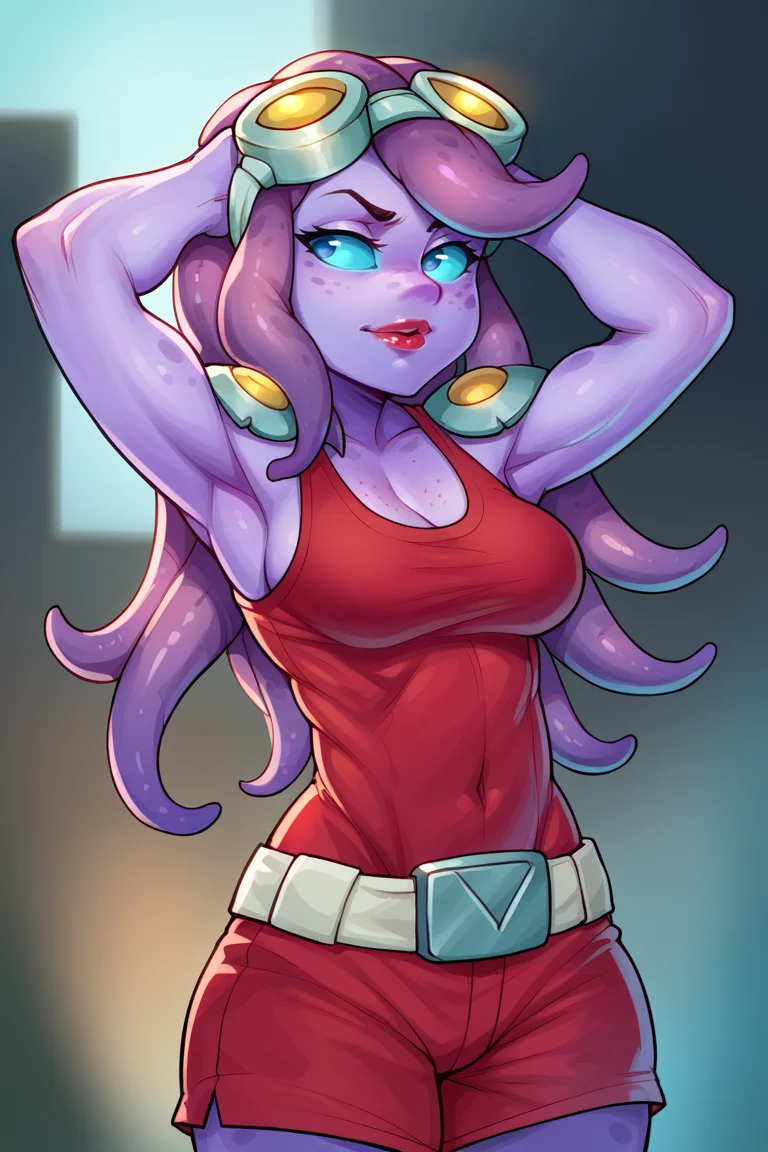 score_9, score_8_up, score_7_up, BREAK, <lora:bbcchan-guy-PONYv1:1> 1girl, solo, breasts, <lora:CocoNebulon_XL:0.9> CocoNebulon, tentacle hair, purple skin, mottled skin, body freckles, glowing blue eyes, blue sclera, red lips, no nose, red tanktop, red shorts, bronze shoulderpads, white belt, goggles on head, armpits,