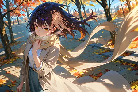 1girl, solo, cinematic angle, a woman walking along a gingko tree in autumn. The ground is covered with a carpet of yellow leaves, The woman is wearing a beige coat and a scarf, The background reveals a few buildings, few tree branches, Sunlight is filtering through the branches., cinematic shadows, vibrant, [(blue sky background:1.2)::0.1], (autumn background:1.2), very aesthetic, amazing quality, incredibly absurdres, ultra detailed, masterpiece, best quality, intricate details, good quality, newest, characters, detailed background, beautiful detailed, beautiful face, blight face, large pupil, eyelashes, <lora:ponyv4_noob1_2_adamW:1.0> <lora:enhancerV4-pony:1>