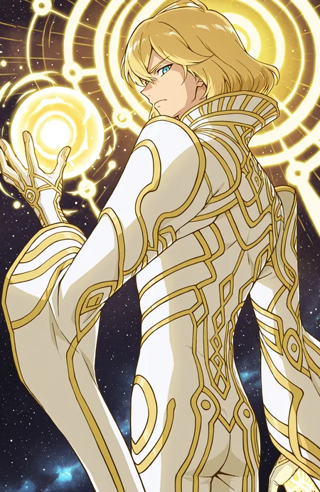 zanza_outfit, 
1boy, solo,
from behind, from side,
upper body, close-up, 
looking at viewer, looking back,
raised hand, holding energy ball, sunburst from hand, arm at side, 
serious, closed mouth,
outer space,
long sleeves, wide sleeves, furisode_sleeves,
anime style,
<lora:[Char - IL] Xenoblade - Zanza [+Clothes] (R1E14):1>