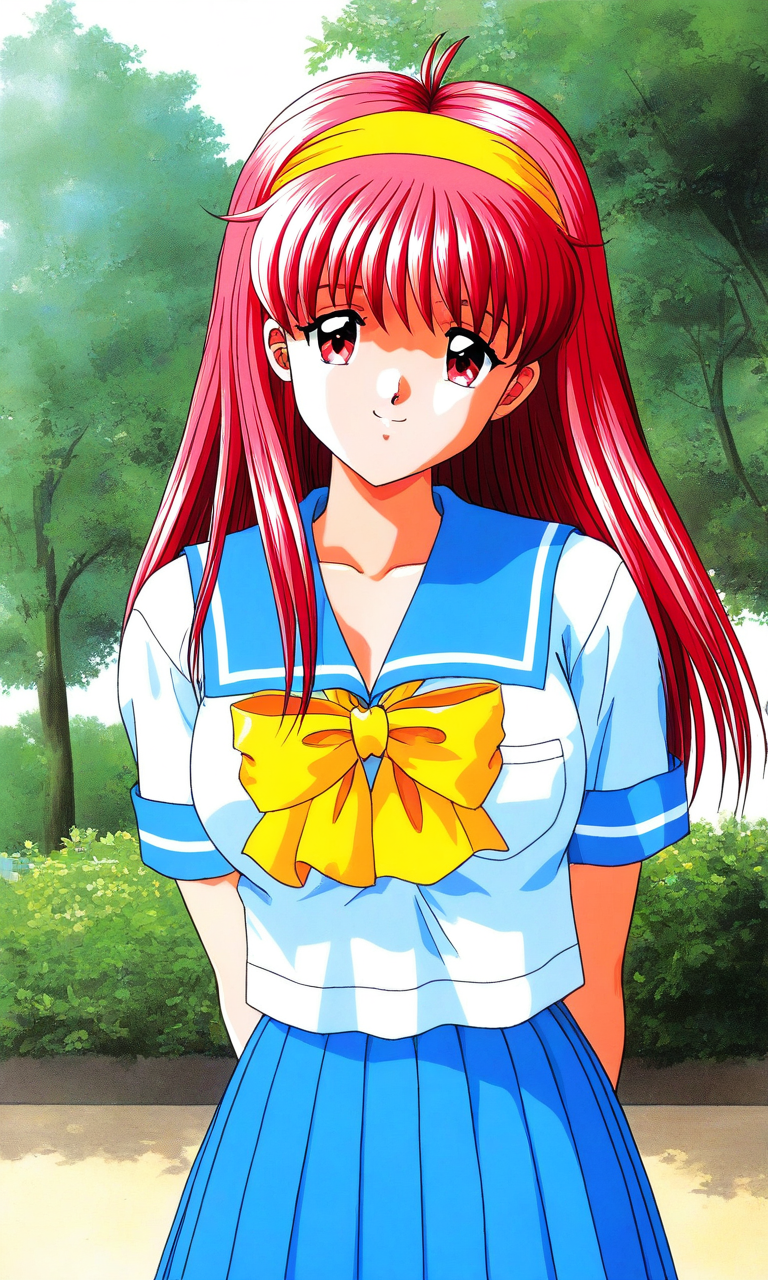 general,highres, ultra-detailed,very aesthetic,best quality ,best hands, BREAK <lora:Fujisaki_Shiori_Tokimeki_Memorial_Ver2.0_IS:1>
Fujisaki_Shiori(Tokimeki_Memorial), 1girl, solo, long hair, Yellow hairband, red hair, red eyes,pink hair, bangs, large breasts,
school uniform, skirt, serafuku, bow, yellow bow, arms behind back, summer costume,
smile, blue skirt, pleated skirt, blue sailor collar, short sleeves, white background, sailor collar, 
outdoor, tree,