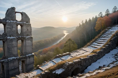 Hyperrealistic art professional photo, scenery, path through ruins up to hill, forest, river, cliffs (dramatic sky, journal cover shot, natural colors, correct white balance, color correction, dehaze,clarity), . Extremely high-resolution details, photographic, realism pushed to extreme, fine texture, incredibly lifelike <lora:When_autumn_meets_winter_XL:1>