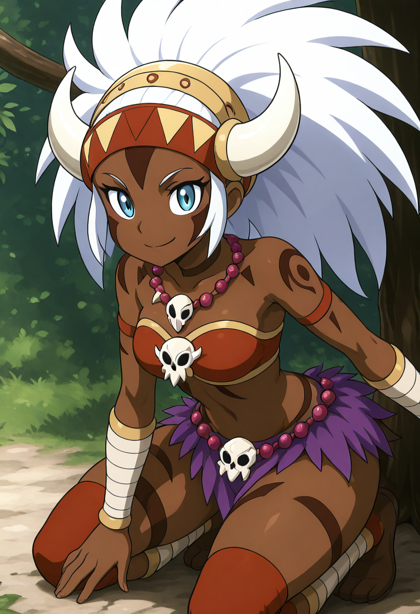 masterpiece, best quality, solo, curvy, beautiful eyes, narrow waist, wide hips, 1girl, solo, smile, looking at viewer, dynamic angle, foreshortening, close up,     zzAmaPrincess, blue eyes, dark skin, fake horns, long hair, white hair, tattoo, bodypaint, tribal, necklace, skull,  bandeau, midriff, purple skirt,   <lora:AmazonessPrincess_IXL:1.0>, kneeling, side view, hand on thigh, smile, looking at viewer,