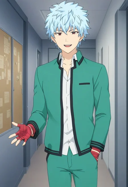 ((masterpiece)), ((best quality)), ((ultra-detailed)), score_9_up, score_8_up, score_7_up,
HD, top quality, best quality, High-quality illustrations, anime screencap, 1boy, 1male, anime, Shun Kaidou, light blue hair, red eyes, cute, handsome, attractive, lean body, slim body, slim figure, green blazer and pants, red hand bandages, happy, smiling, cute smile, school background, posing, handsome posing, full body, full body shot, head to feet shot