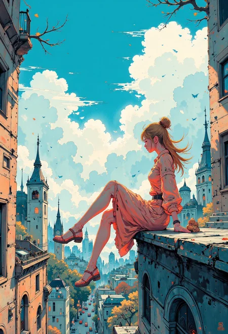 A dynamic anime-style illustration of a glamour woman sitting on the edge of a building in paris, overlooking montmartre,  above the city. She has her legs stretched forward with her hands gently resting on her knees, her upper body leaning slightly forward. her cat rests next to her on the ledge. She wears a bright pink dress,  and vibrant pink sandals with white soles. Her golden blonde hair flows naturally in the breeze.
The background features a vivid urban parisian cityscape , with detailed buildings, small cars, and bustling streets far below. The perspective emphasizes depth and height, creating a thrilling and adventurous atmosphere. The color scheme is dominated by bright blue and pink tones, with orange and green elements.
The sunlight casts soft, warm shadows, enhancing the vibrant and energetic mood. The overall composition is dynamic and asymmetrical, with a strong sense of scale and movement in the scene.
<lora:Anime v1.3:1.2> <lora:Blue_Future:0.9>, painted world