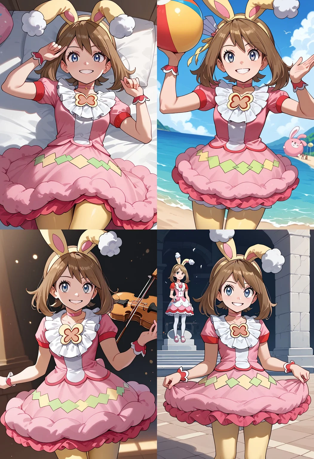 __femalePosesWildcard400_v10/female-poses__, looking at viewer, smile, <lora:MayORASPony:1> May_Spr, medium hair, brown hair, yellow hairband, fake animal ears, blue eyes, pink choker, frilled collar, pink dress, short sleeves, wrist cuffs, yellow pantyhose,, score_9, score_8_up, score_7_up, score_6_up, score_5_up, score_4_up,