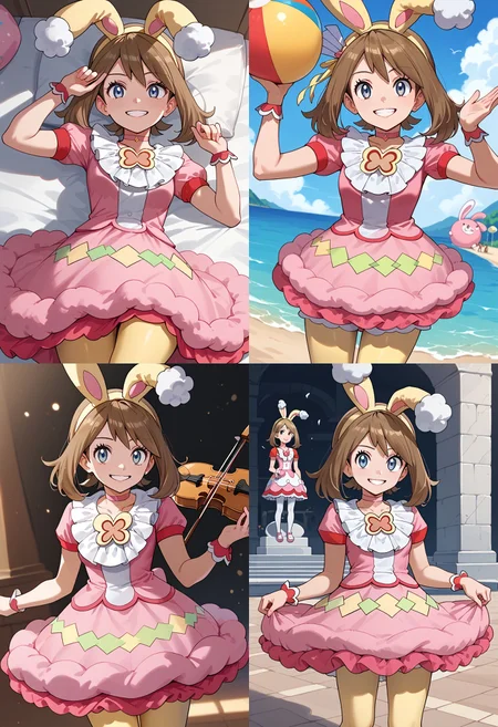 __femalePosesWildcard400_v10/female-poses__, looking at viewer, smile, <lora:MayORASPony:1> May_Spr, medium hair, brown hair, yellow hairband, fake animal ears, blue eyes, pink choker, frilled collar, pink dress, short sleeves, wrist cuffs, yellow pantyhose,, score_9, score_8_up, score_7_up, score_6_up, score_5_up, score_4_up,