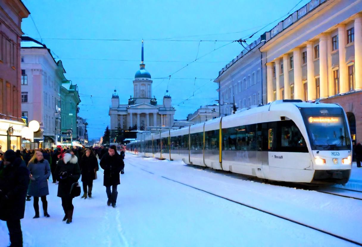 Helsinki downtown in winter, christmas, people, tram, snowy, dusk, crowd, raw style, wide shot