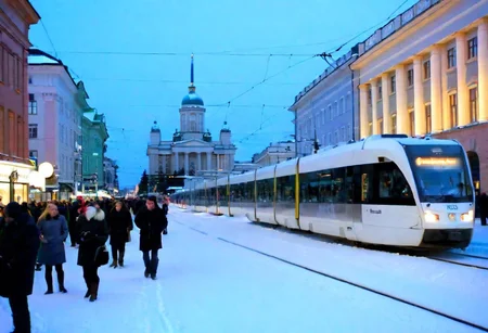 Helsinki downtown in winter, christmas, people, tram, snowy, dusk, crowd, raw style, wide shot