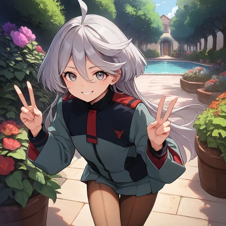 score_9, score_8_up, score_7_up, score_6_up, score_5_up, score_4_up, BREAK source_anime, look at viewer, 1girl, garden, close up, double V, smiling, masterpiece, best quality, high detailed skin, miorine rembran, asticassia school uniform, grey hair, long hair, ahoge, grey eyes, green jacket, jacket, long sleeves, shoulder boards, green shorts, seamed legwear, pantyhose,
