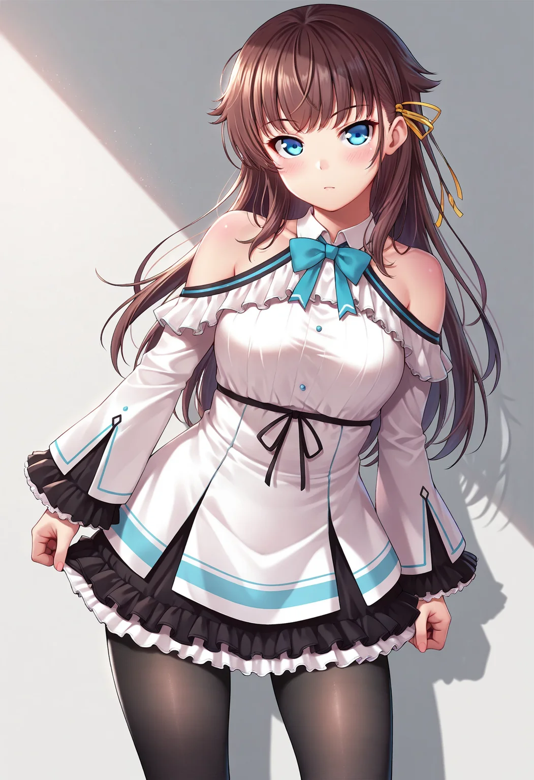 <lora:KashiwazakiKana_IXL:0.7>  best quality,masterpiece,kashiwazakikana,1girl,brown hair,long hair,blue eyes,hair ribbon,kanacasual,black pantyhose, frilled dress,shoulder cutout,