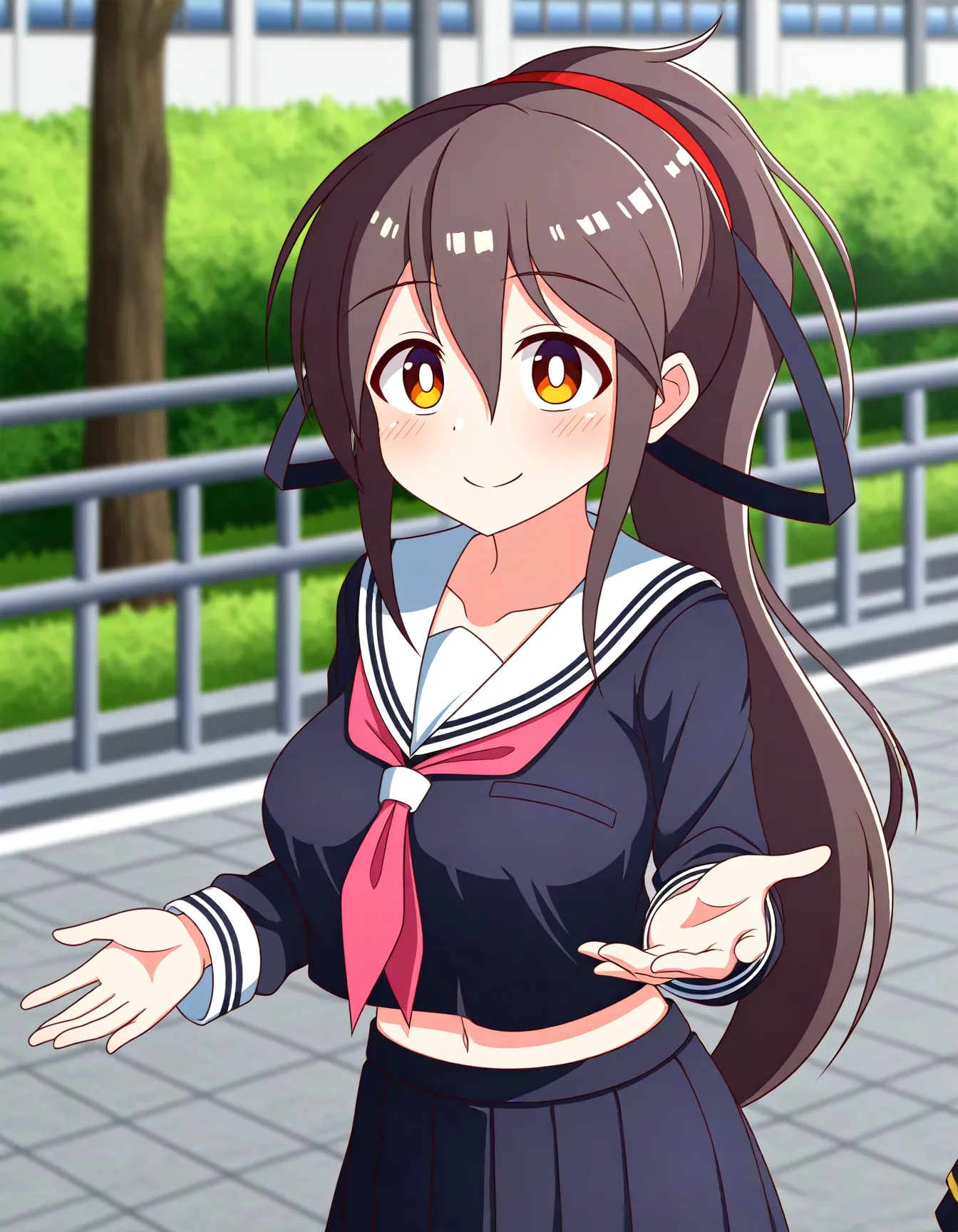 1girl, 
cchiyome, long hair, brown eyes, midriff, cleavage, large breasts, school outdoors, very long hair, neckerchief, outstretched hand, white sailor collar, day, black serafuku, skirt, pleated skirt, breasts, navel, sailor collar, out of frame, pink neckerchief, smile, solo focus, shirt, looking at viewer, school uniform, serafuku, hair between eyes, crop top overhang, crop top, brown hair, closed mouth, depth of field, blurry, black skirt, long sleeve,
masterpiece, best quality, very aesthetic, newest, absurdres, safe
 <lora:Chiyome_NBXL:0.7> <lora:NoobV065sHyperDmd:1>