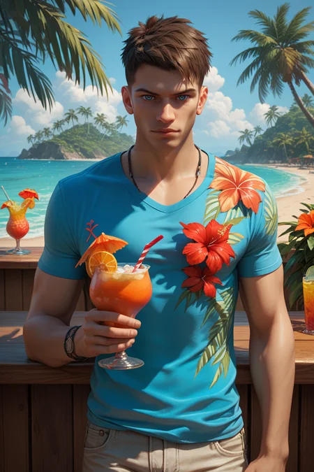 score_9, score_8_up, score_7_up, score_6_up
<lora:DmCDante:0.8>
DmCDante, 1boy, short hair, brown hair, blue eyes, looking at viewer, male model in a vibrant tropical shirt, standing next to a palm tree, beach bar in the background, holding a colorful cocktail, festive atmosphere