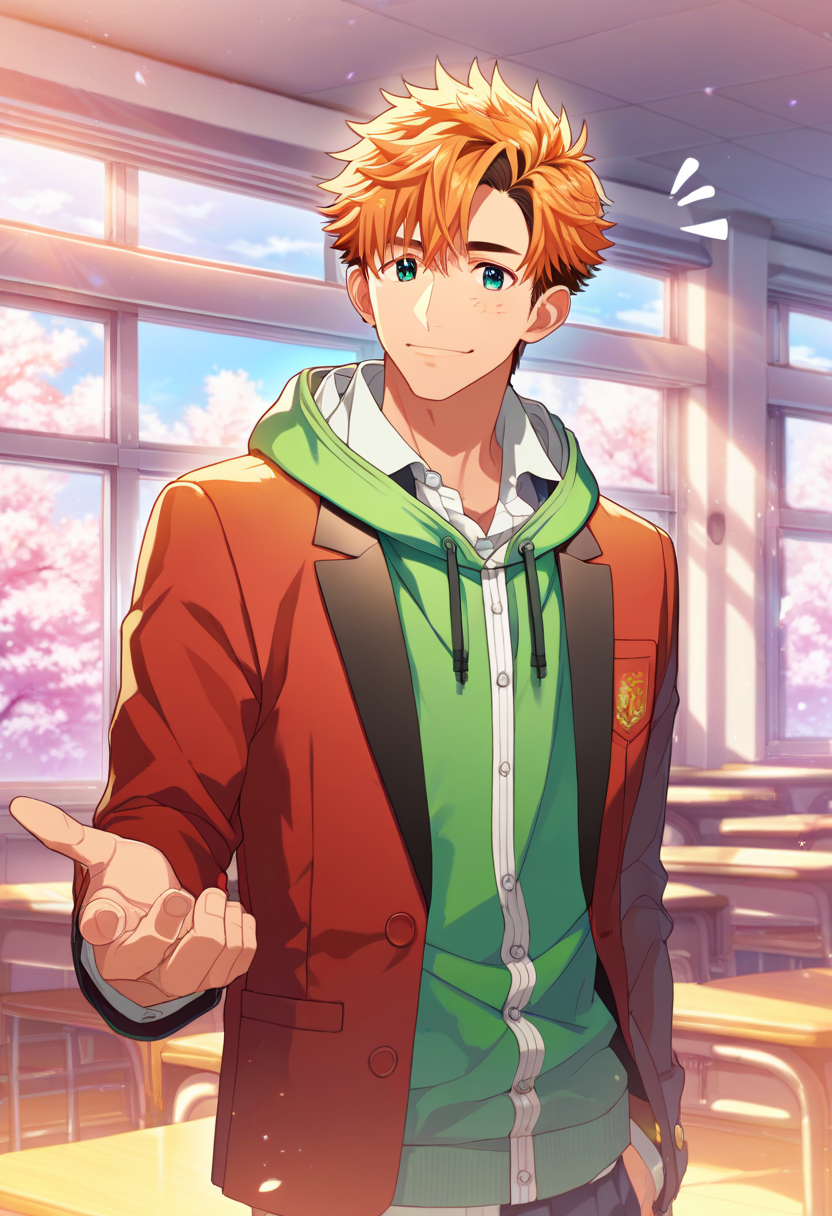 1boy, male focus, 
,((zPDXL)), score_9_up, score_8_up, score_7_up, score_6_up, score_5_up, score_4_up, best quality, amazing quality, best aesthetic, absurdres, year2023, uncensored, nsfw, official art, official style, depth of field, detailed eye,
 <lora:Character - StaOke - Takuto Akabane:0.8> green eyes, orange hair, takuto
indoors, window,  cowboy shot, 
classroom, standing, notice lines, noticing viewer, smile,  cherry blossoms, 
takutoschool, red blazer, green hoodie, hood,