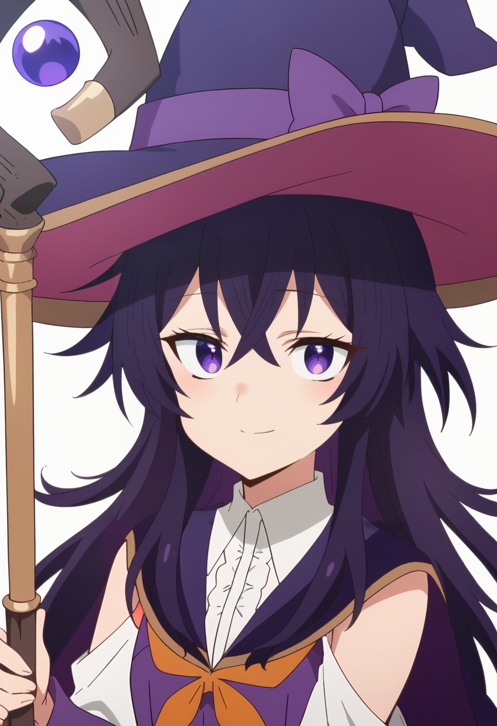 <lora:Belano:0.8> belano, long hair, purple hair, purple eyes, hair between eyes, 1girl, solo,   white shirt,  long sleeves, purple headwear,detached sleeves, purple cape, hat bow, witch, purple bow, looking at viewer, smile, upper body, staff, score_9, score_8_up, score_7_up, , anime coloring ,BREAK source_anime, anime