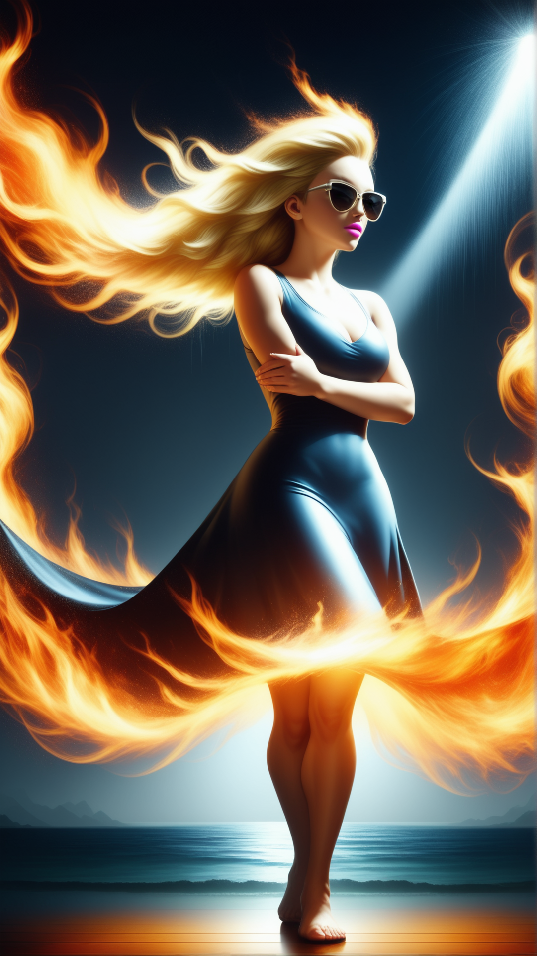 <lora:ElementFirePDXL:0.8>score_9, score_8_up, score_7_up, ElementFire Orange Cinematic still, Western European, mid-twenty, man, Long hair, Cornrows hair, Short textured fringe, Blonde hair, Comb on hair, Oval eyes, Black eyes, sunglasses, Plump lips, Pink lips, Square with Sharp Jaw, Boho makeup, Curious, Curvy body, Stretching, Crossing arms, Casual Chic dress, High-key lighting, Caustics, Evening, Heavy rain, Neutral gray background, Lake background, Sony A7R IV, Full shot, Ground level angle, fire, flames, blazing, (Masterpiece:1.3) (best quality:1.2) (high quality:1.1)