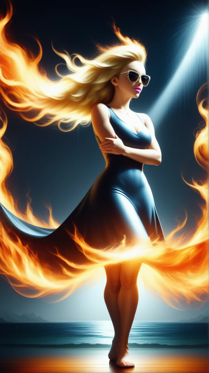 <lora:ElementFirePDXL:0.8>score_9, score_8_up, score_7_up, ElementFire Orange Cinematic still, Western European, mid-twenty, man, Long hair, Cornrows hair, Short textured fringe, Blonde hair, Comb on hair, Oval eyes, Black eyes, sunglasses, Plump lips, Pink lips, Square with Sharp Jaw, Boho makeup, Curious, Curvy body, Stretching, Crossing arms, Casual Chic dress, High-key lighting, Caustics, Evening, Heavy rain, Neutral gray background, Lake background, Sony A7R IV, Full shot, Ground level angle, fire, flames, blazing, (Masterpiece:1.3) (best quality:1.2) (high quality:1.1)