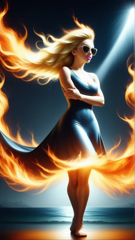 <lora:ElementFirePDXL:0.8>score_9, score_8_up, score_7_up, ElementFire Orange Cinematic still, Western European, mid-twenty, man, Long hair, Cornrows hair, Short textured fringe, Blonde hair, Comb on hair, Oval eyes, Black eyes, sunglasses, Plump lips, Pink lips, Square with Sharp Jaw, Boho makeup, Curious, Curvy body, Stretching, Crossing arms, Casual Chic dress, High-key lighting, Caustics, Evening, Heavy rain, Neutral gray background, Lake background, Sony A7R IV, Full shot, Ground level angle, fire, flames, blazing, (Masterpiece:1.3) (best quality:1.2) (high quality:1.1)