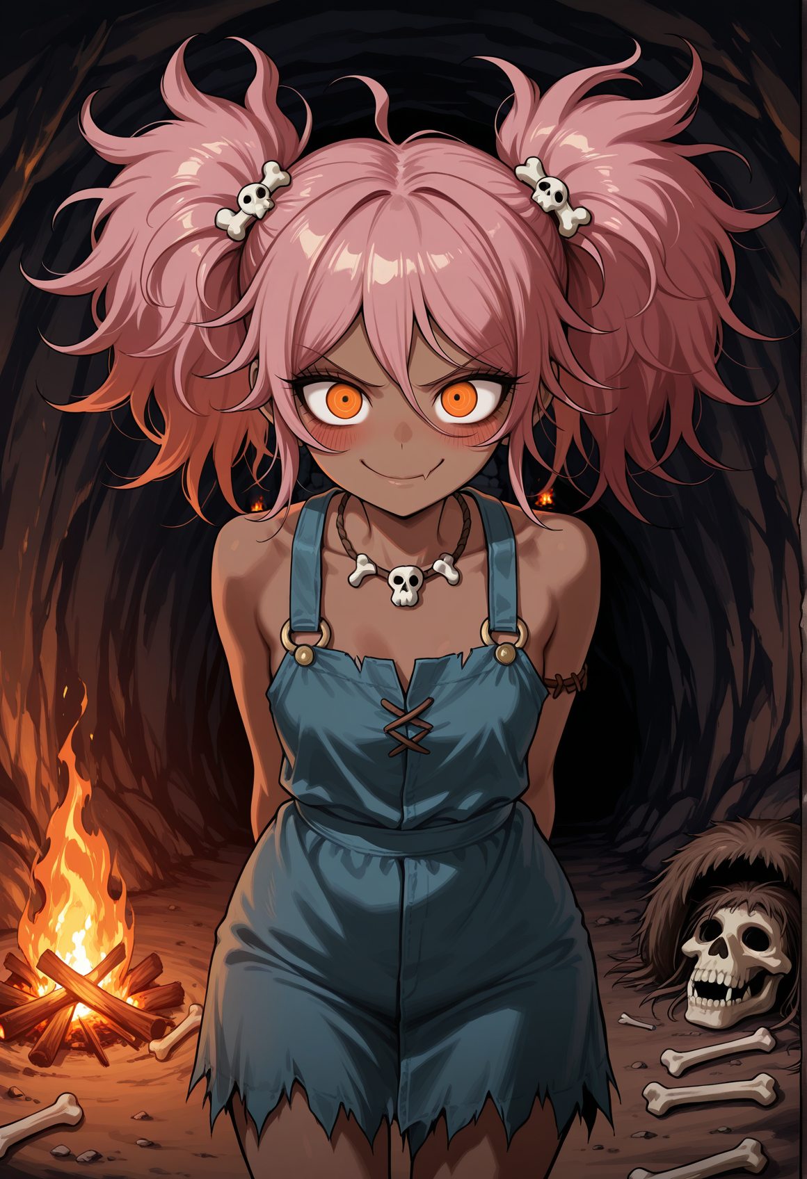 1girl, solo, dark skin, evil, evil smile, reaching viewer, orange eyes, pink hair, messy hair, twintails, hands behind back, closing to the viewer, cavewoman, fur, bone hair ornament, jewelry prehistoric, evil smile, closed mouth, blush, indoors, cave, bonfire <lora:danganronpa:1>, masterpiece, best quality, amazing quality, very aesthetic, absurdres, highres, newest