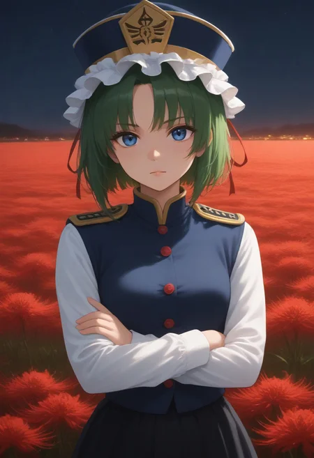 1girl, solo, solo focus, highres, absurdres, shikieiki, green hair, frilled hat, blue eyes, blue headwear, short hair,
long sleeves, black skirt, white shirt, blue vest, red ribbon, epaulettes, small breasts, arm ribbon, buttons,
looking at viewer, crossed arms, head tilt, 
red spider lily, flower field, night, night sky, red sky, backlighting,