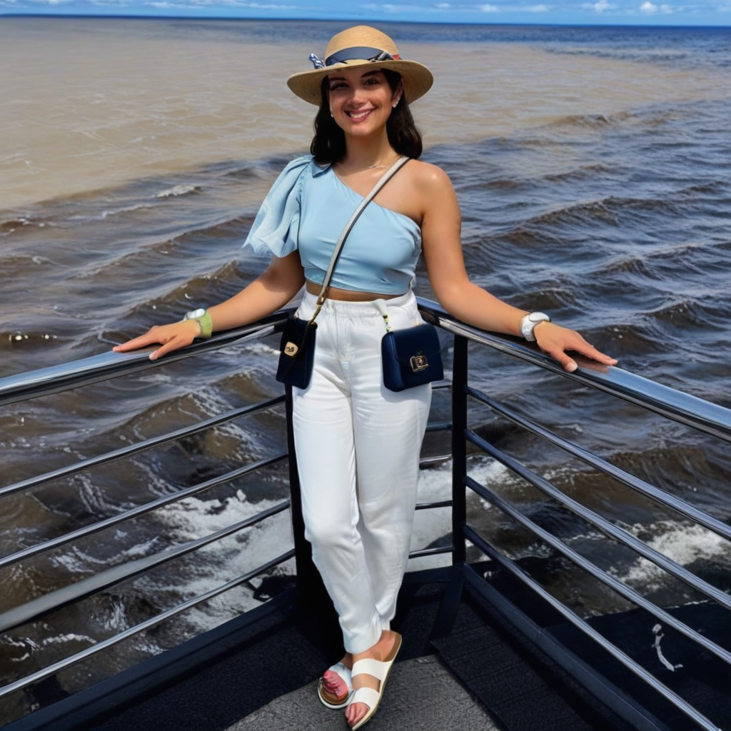 bag, ocean, hat, handbag, sandals, looking at viewer, wristwatch, smile, white pants