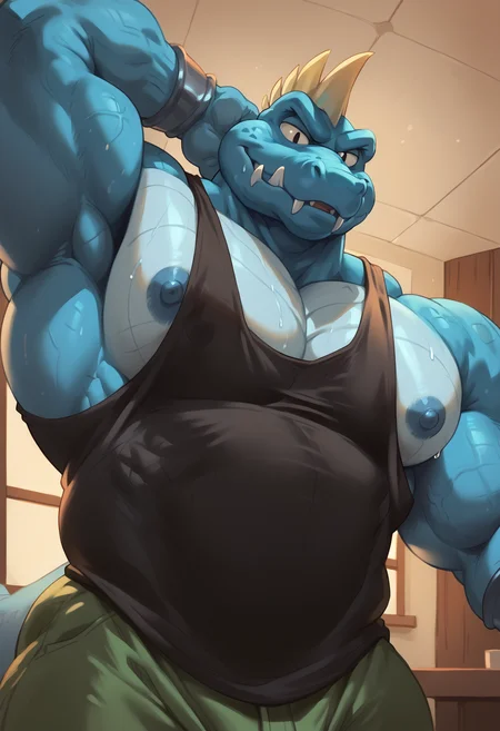 zPDXL3, score_9, score_8_up, score_7_up, detailed face, detailed body, detailed background, perfect anatomy, masterpiece, high quality, best quality, indoors, living room BREAK by darkgem, remert, krusha, spiky teeth, anthro, reptile, crocodile, black eyes, blue skin, muscular, big pecs, broad shoulders, thick thighs, sweaty, mns-pose, mature male, looking at viewer, looking down, from below, upper body, close-up, nipples, large pectorals, pectoral focus, sidepec, tank top, muscular male, bara <lora:Krusha_DonkeyKong_V1:1> <lora:Remert_Style_PonySDXL:0.4> <lora:Darkgem_Style_Lora:0.7> <lora:yur oc like this (meme) Concept v1.1 LoRA_Pony XL v6:0.8>
<lora:ZoroJ:0.5>