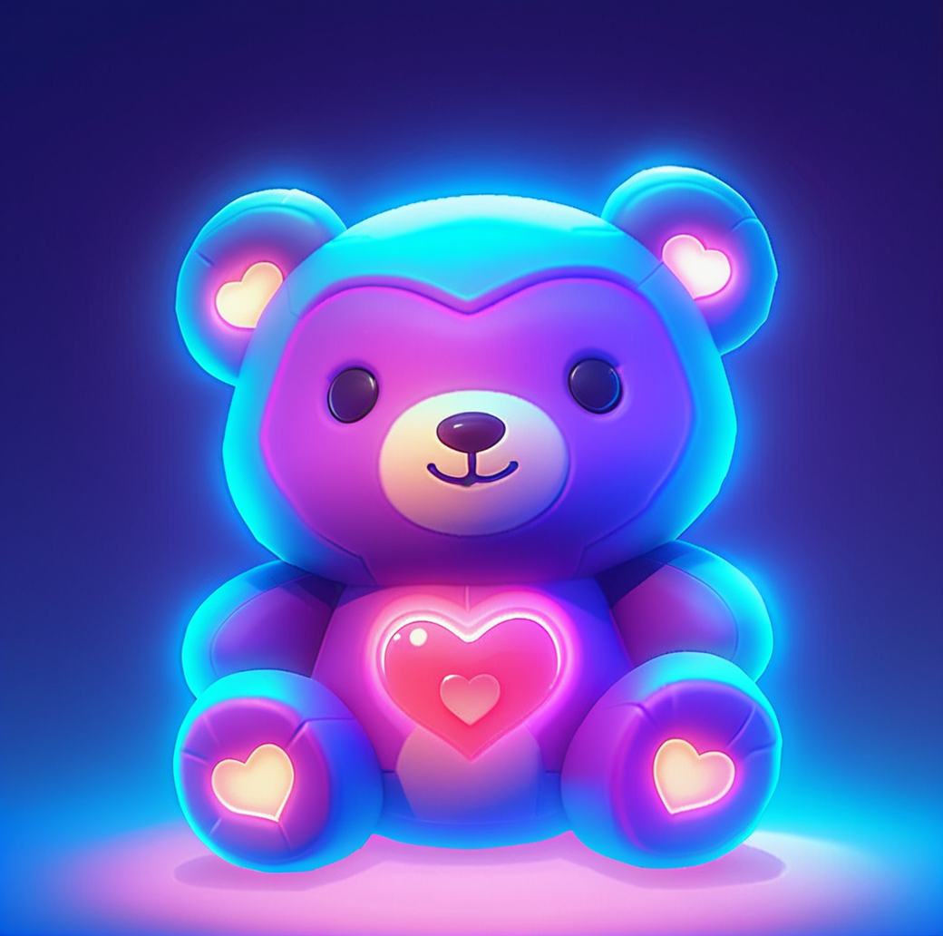 digital game illustration, teddy bear, glowing, neon colors, heart shapes, blue and purple hues, transparent effect, illuminated, digital art, cute style, soft edges, gradient background, glowing eyes, sitting position, stylized, love motif, centered composition, high-quality rendering, game asset ,<lora:æ¸¸æ-000002:0.6>