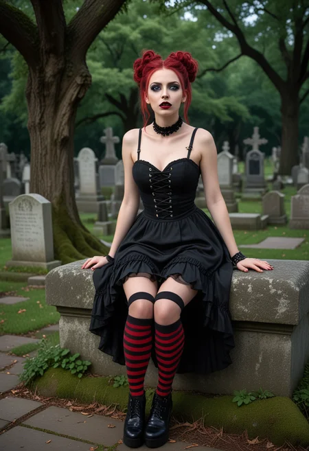 (medium full shot) of (vivacious gothic maiden) young woman, british, tan skin, light Blue eyes, lithe build, long red messy bun hair, wearing Gothic maiden outfit with a black ruffled dress, striped stockings, platform Mary Janes, Dark crimson lipstick, dramatic red and black eyeshadow, thick eyeliner, pale skin, dark nail polish with red accents, set in ancient cemetery, Gravesite Cluster, Cluster of moss-covered headstones nestled among gnarled trees, worn stone benches scattered around, wildflowers blooming between graves, a quiet, solemn atmosphere enveloping the area , at night, woman laughing, jumping in the air, Masterpiece,best quality, photo, realistic, very aesthetic, detailed face,
