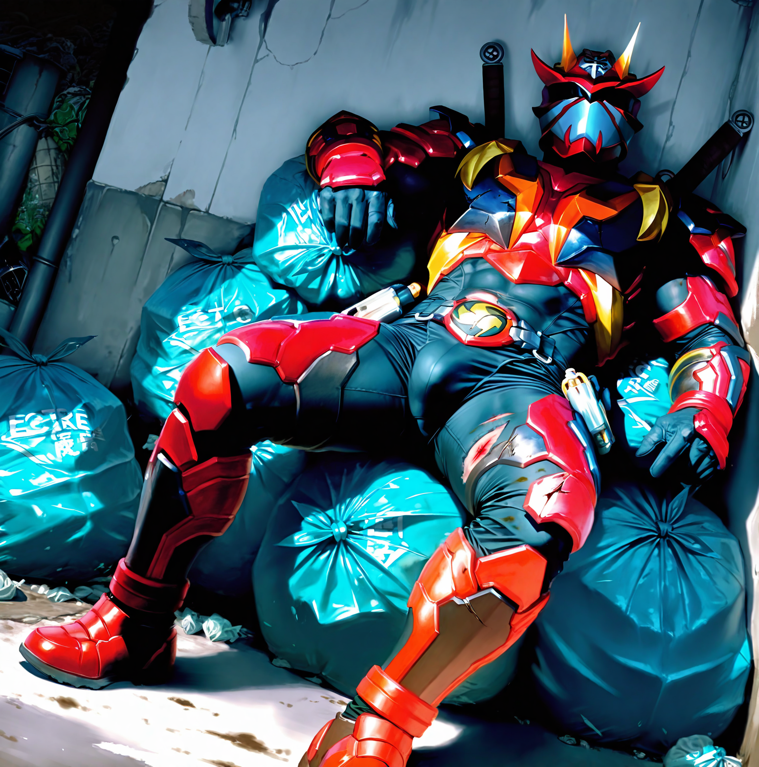 realistic shading,looking at viewer,<lora:Hibiki:0.7>,1boy,armor,helmet,male focus,solo,Hibiki,manly,dynamic angle,realistic,manly,masterpiece,best quality,imposing,dynamic angle,intricately detailed illustration,masterpiece,best quality,amazing quality,very aesthetic,absurdres,newest,full body,bulge,<lora:after_defeat_trash_bag_ill_v1.1:1>,afterdefeat,against trash bag,trash bag,after sex,wall,etc for background,on trash bag,after sex,leaning back,((injury)),((dirty)),, score _9,score_8_up, score_7_up,source_anime,rating_explicit,