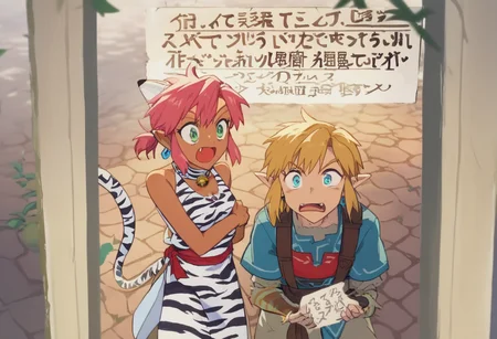 score_9, score_8_up, score_7_up, score_6_up, Masterpiece, source_anime screenshot, duo, 1 girl, 1 boy, vivid colors, full color, shiny and glossy, anime style, high-res, beautiful aesthetic, very intricate, high-quality details, vibrant, highly detailed, award-winning, professional, <lora:pink-ponyxl-v2:1>, 1 girl, single fang showing, sleeveless dress, white tiger print dress, pelvic curtain, cleavage, white cat ears, cat bell necklace, bright pink hair, tanned, white tiger tail, red sash, small breasts, leather shoes, detailed eyes, green eyes, detailed face, break, <lora:link:1> 1boy, link1, link, pointy ears, blonde hair, blue eyes, medium hair, side locks, earrings, short ponytail, blue hylian tunic, break, pink and link shouting, pink and link holding signs high above their heads, front view,