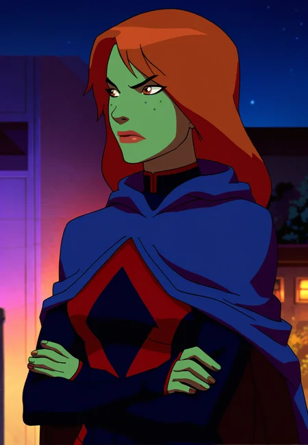 score_9_up, score_8_up, score_7_up, <lora:Young_justice_girls_PDXL_by_paprikalem:0.8>, dc comics, young justice style, flat colors,1girl, miss martian, brown eyes, freckles, lipstick, ginger hair, long hair, colored skin, green skin, miss martian black operation costume, black and red bodysuit, long sleeves, blue cape, standing, (crossed arms, looking away, annoyed), solo, outdoors, night, best quality, high quality