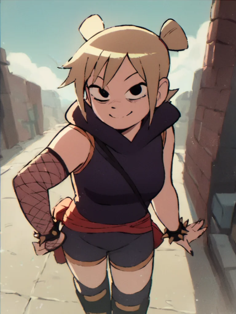 <lora:RoxieSP1.0:0.9> roxiesp, 1girl, solo,smile, short hair, blonde hair, looking at viewer, ninja, spiked bracelet, black eyes, fishnets,double bun,boots, looking at viewer, outdoors, score_9, score_8_up, score_7_up, score_6_up standing, cowboy shot,