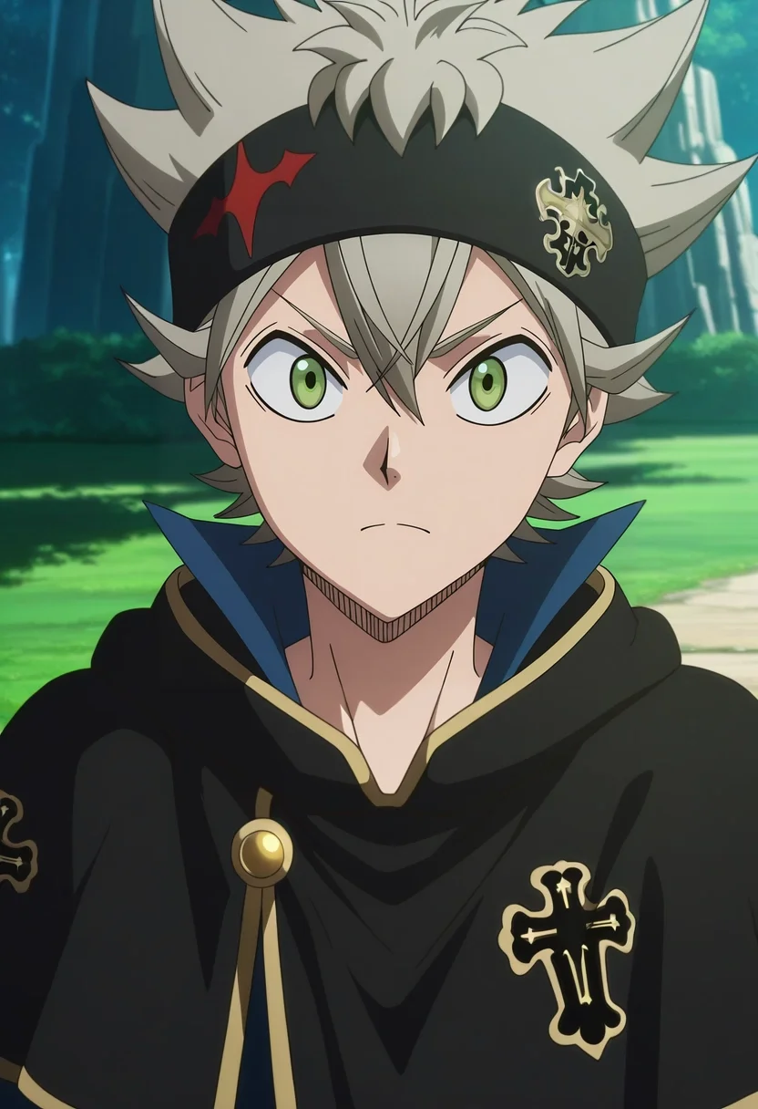masterpiece, best quality, , anime screencap, , , , 1boy, solo, male focus, <lora:asta_black_clover_ilxl:0.9>, asta_black_clover, grey hair, green eyes, short hair, spiked hair, black headband, black capelet, ,