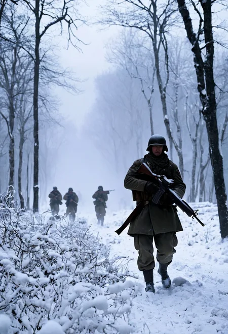 A dramatic winter scene depicting the Battle of the Bulge during World War II. The image shows American and German soldiers locked in fierce combat in the snow-covered forests of the Ardennes. American GIs, wearing heavy winter coats and helmets, crouch behind snow-dusted trees, firing rifles and machine guns at advancing German soldiers in camouflage, who move through the mist and snow. In the background, a massive explosion lights up the gray sky, with smoke billowing from destroyed tanks and vehicles. The snow is stained with blood, and frozen trees stand as silent witnesses to the brutal battle. The color palette is cold and muted, dominated by whites, grays, and dark greens, conveying the harsh winter conditions and the intensity of the fighting. The scene captures the chaos, bravery, and desperation of the historic conflict.
, moody light, by H.R Giger, 4k resolution digital art trending on Artstation and unreal engine 5, hyperrealism, full body shot, glowing eyes, cinematic, epic, masterpiece, surreal, fantasycore, hyperdetailed, ultra realistic, octane render, volumetric lighting, depth of field, bokeh, 8 <lora:Details:0.85>