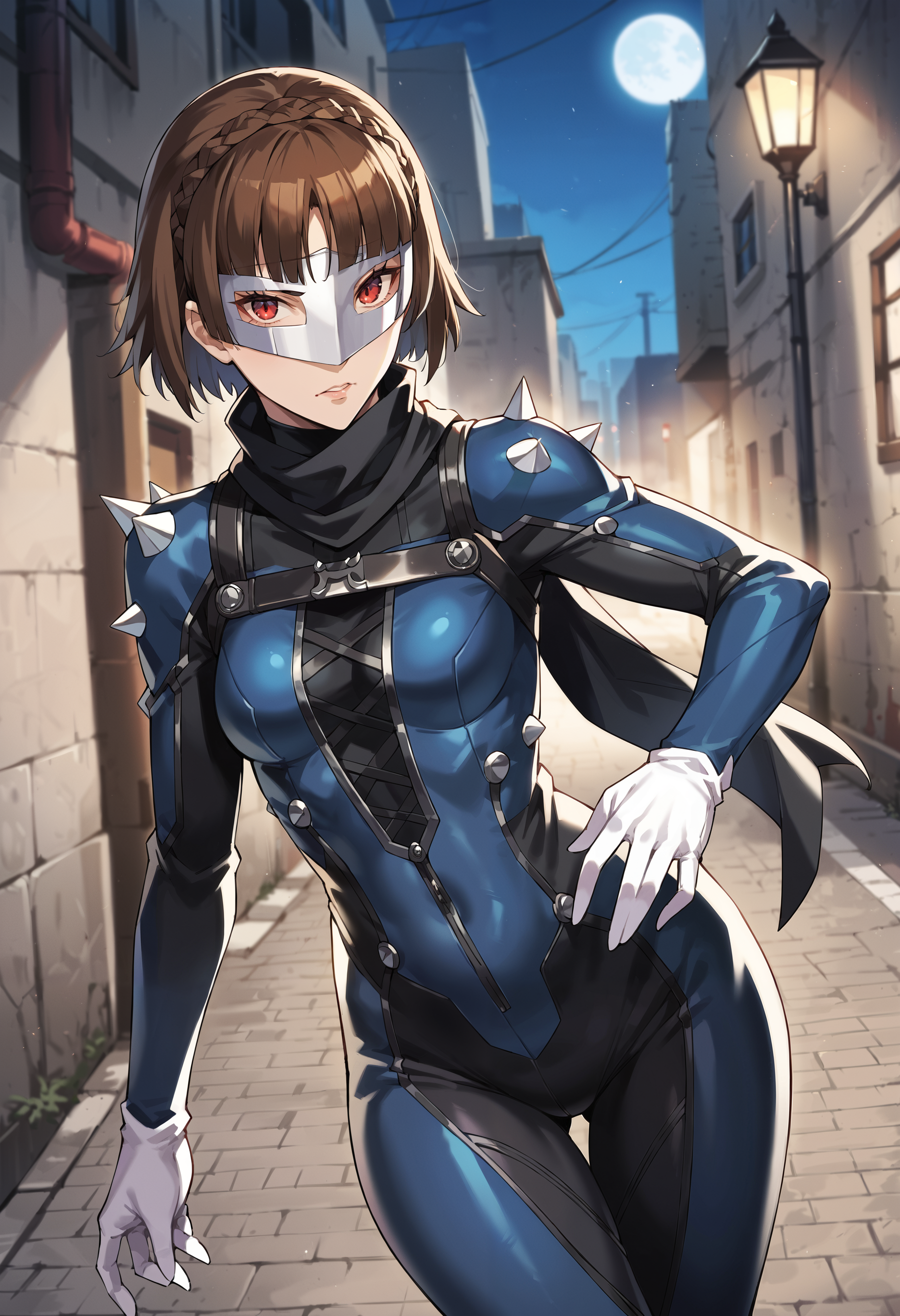 score_9, score_8_up, source_anime
1 girl, solo,
p5makoto, niijima makoto, brown hair, blunt bangs, crown braid, red eyes,
p5makoto-queen, bodysuit, black bodysuit, navy blue bodysuit, spikes, shoulder spikes, white gloves, scarf, black scarf, mask, biker clothes, mask,
outside, cowboy shot, dark, alley, street, streetlight, shadows, full moon, starlight, dramatic pose, fists,
masterpiece, best quality, ultra detailed,