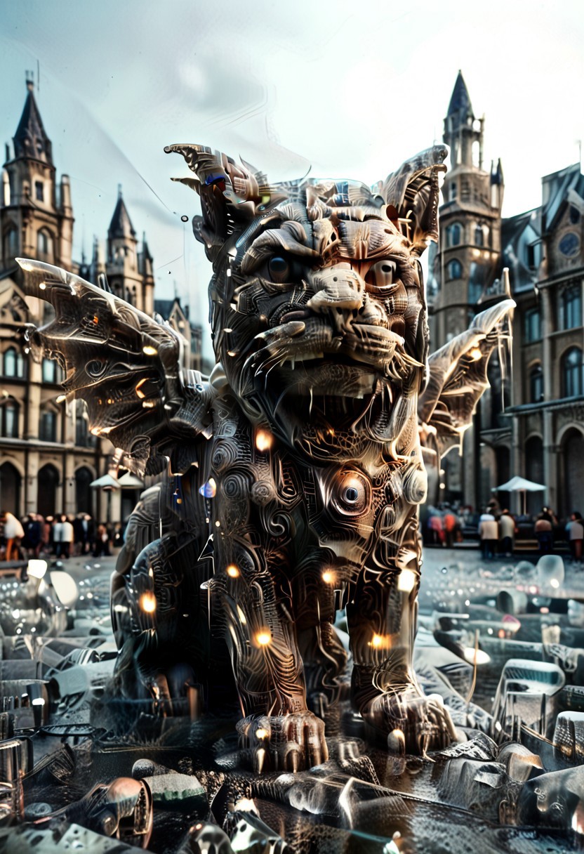 score_9, score_8_up, score_7_up, vibrant candy palette, baroque sci-fi, insane resolution, warped perspective, doll-like pupils, Crystal-winged gargoyle (feline smirk:1.2) in a Gothic Cathedral.  It is raining with a moody atmosphere.  Jutting out of the facade is a grotesque gargoyle with rain drops dripping from it's mouth, ultra detailed  and intricate design of the grey masonry stonework, , hologram dust, surreal (steampunk:0.8) glow, glowinglora, shimmer, chibi, satire, biomech-cute, fractal lights, oil-spill mirrors, 1c3_w1n73r, detailerlora