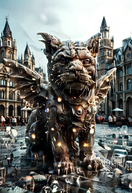 score_9, score_8_up, score_7_up, vibrant candy palette, baroque sci-fi, insane resolution, warped perspective, doll-like pupils, Crystal-winged gargoyle (feline smirk:1.2) in a Gothic Cathedral. It is raining with a moody atmosphere. Jutting out of the facade is a grotesque gargoyle with rain drops dripping from it's mouth, ultra detailed and intricate design of the grey masonry stonework, , hologram dust, surreal (steampunk:0.8) glow, glowinglora, shimmer, chibi, satire, biomech-cute, fractal lights, oil-spill mirrors, 1c3_w1n73r, detailerlora
